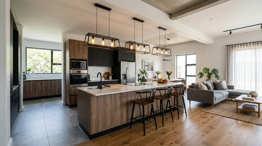 Exemplo de demarcação visual em planta livre usando ilha de cozinha, diferentes revestimentos de piso e iluminação pendente