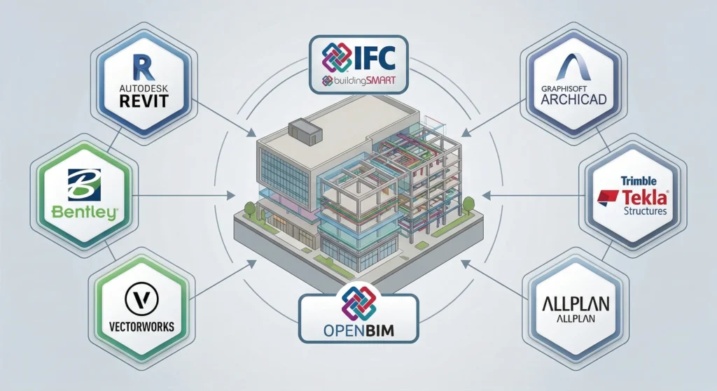 Diagrama de interoperabilidade ilustrando a tecnologia OpenBIM e o formato IFC