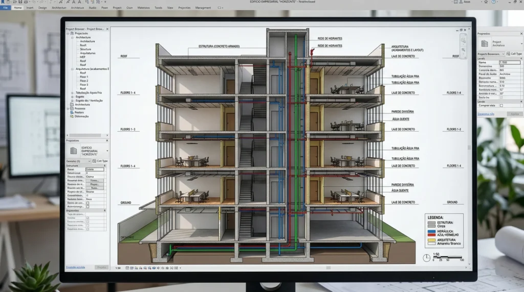 Exemplo de modelo 3D utilizando a metodologia BIM com diferentes disciplinas de engenharia integradas