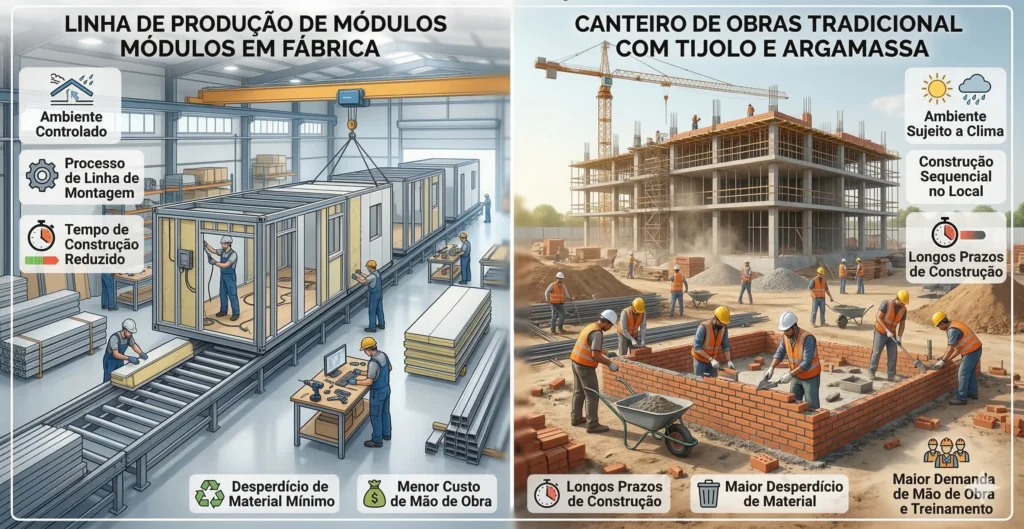 Infográfico comparativo mostrando uma linha de produção de módulos em fábrica vs. um canteiro de obras tradicional com tijolo e argamassa.