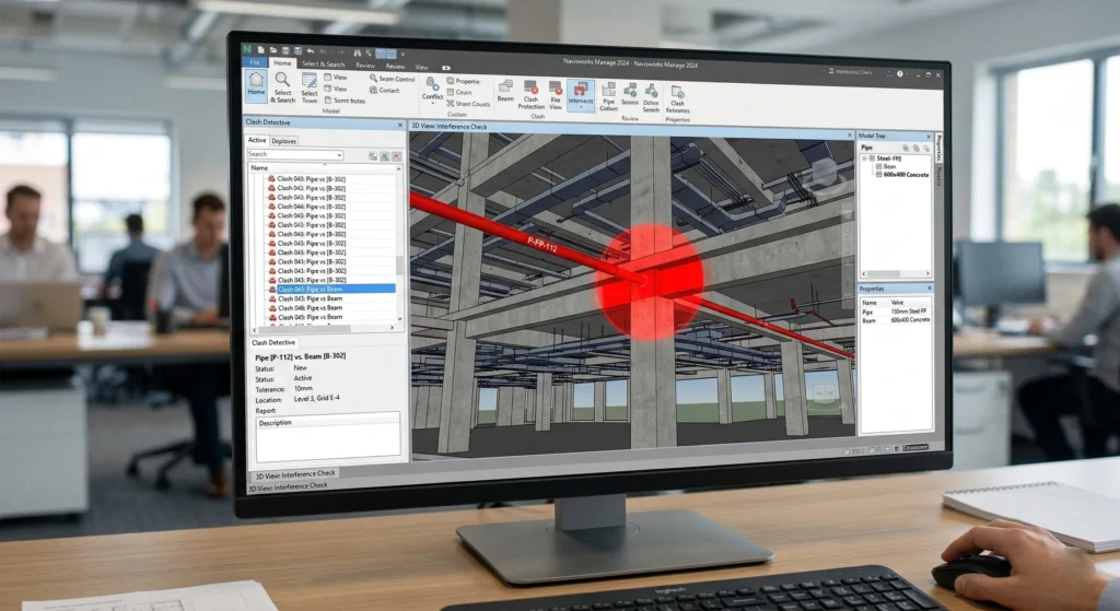 Exemplo prático de clash detection identificando colisão entre disciplinas no software BIM
