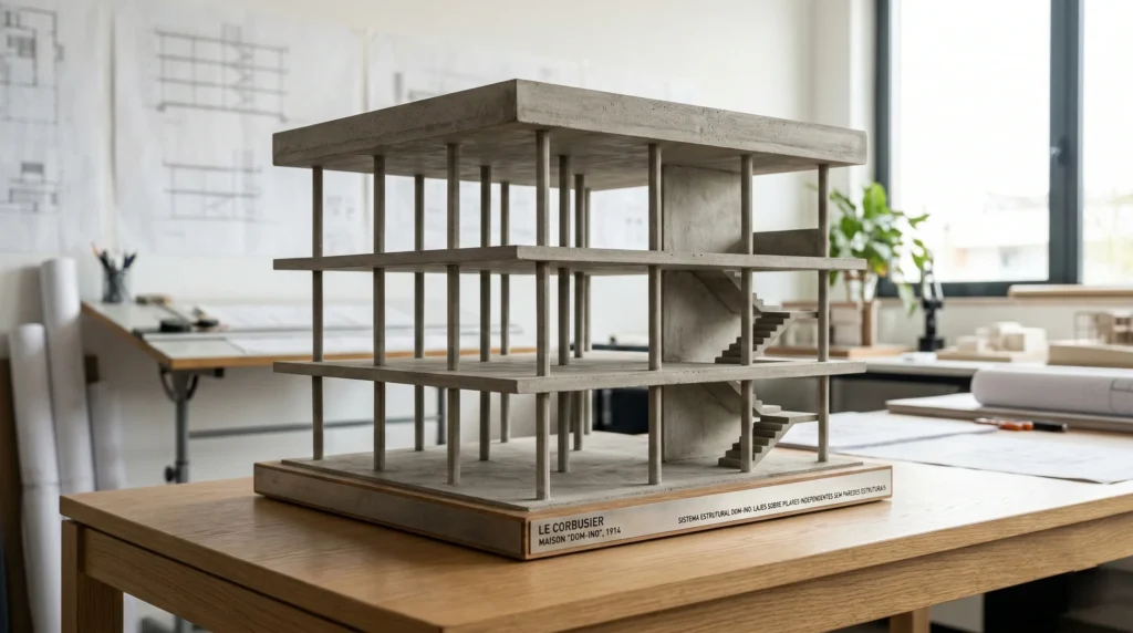 Maquete do sistema estrutural Dom-ino mostrando lajes sustentadas por pilares sem o uso de paredes estruturais.