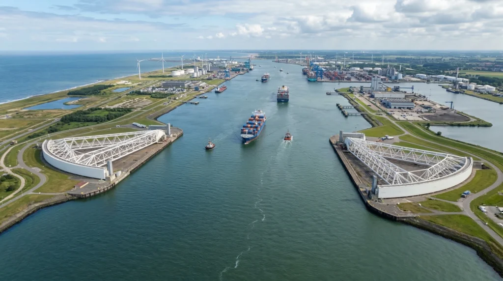 Fotografia aérea da barreira de tempestade Maeslantkering