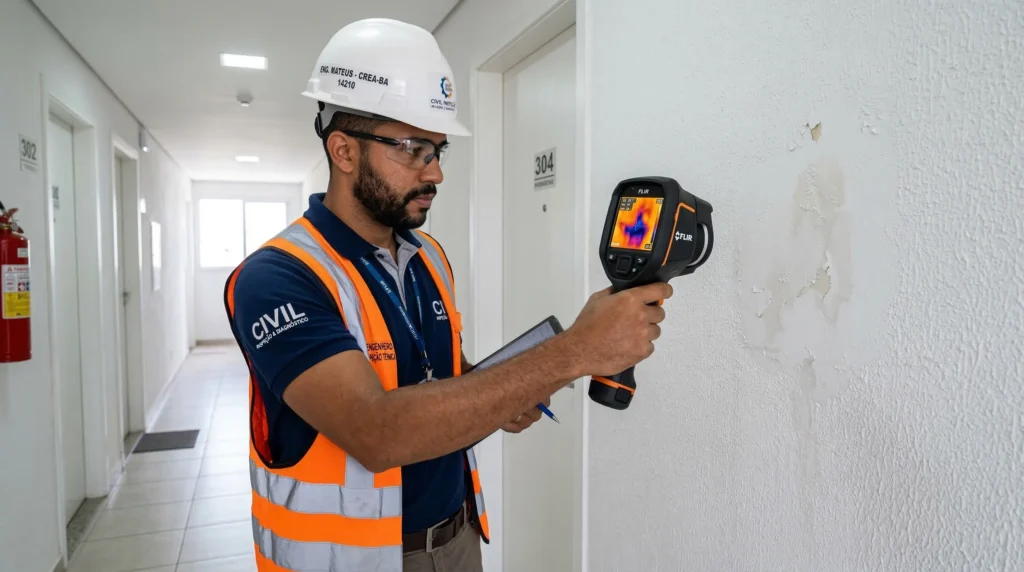 Engenheiro realizando inspeção com termografia infravermelha para detectar infiltração oculta em alvenaria