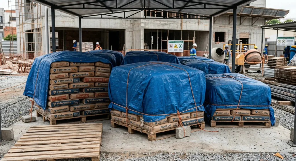 Armazenamento correto de sacos de cimento sobre paletes para evitar umidade na obra