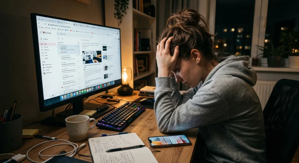Pessoa segurando a cabeça em frente a um computador com dezenas de abas abertas e o celular cheio de notificações