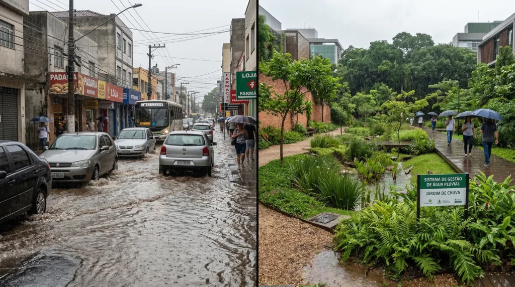 Comparativo visual entre uma rua comum alagada devido à impermeabilização e um parque urbano absorvendo a água da chuva