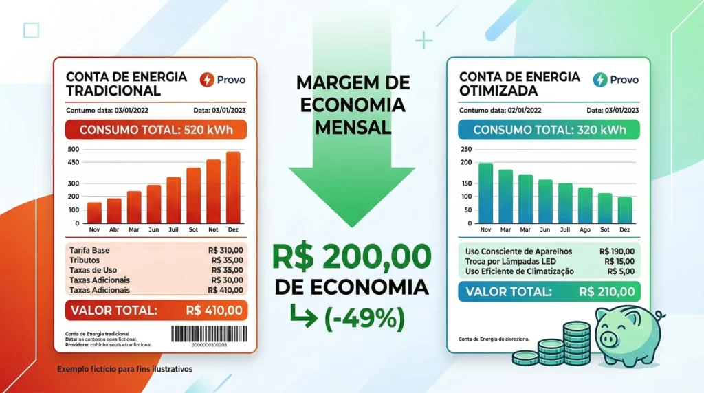 Gráfico mostrando a queda de custos na conta de energia após a aplicação de projetos de eficiência energética