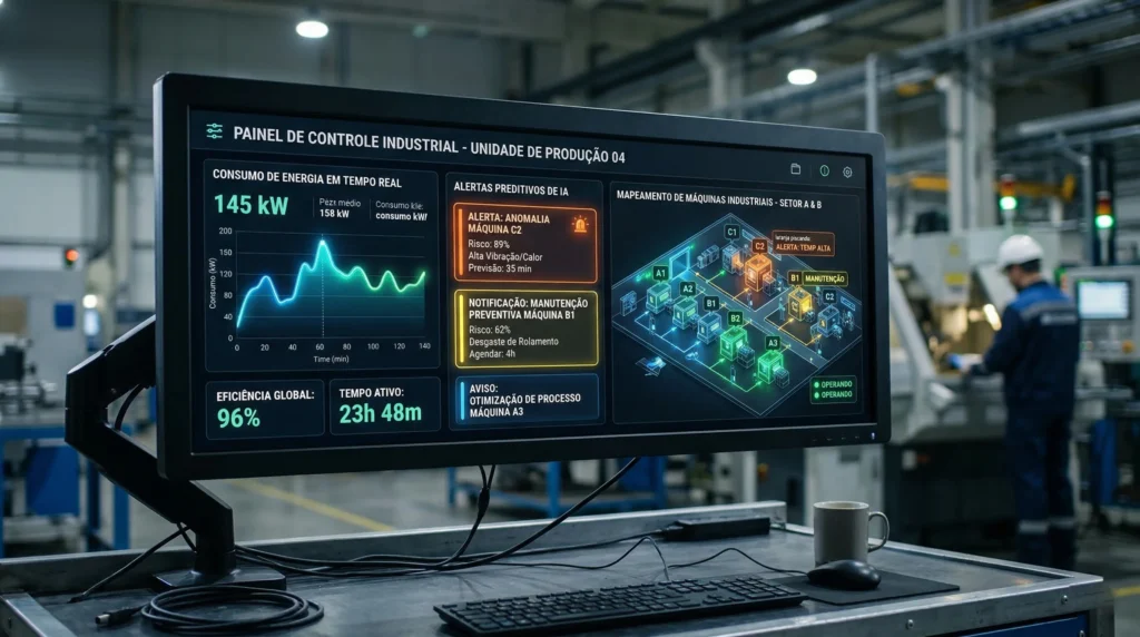 Dashboard de gestão de energia com gráficos em tempo real e inteligência artificial monitorando o consumo de equipamentos industriais