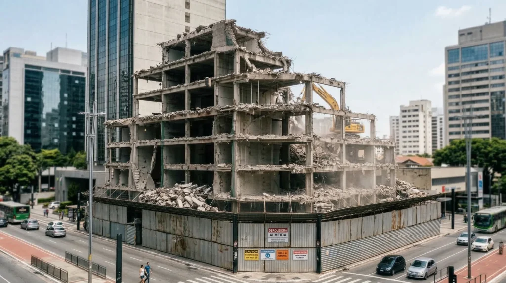 proteções periféricas e telas em demolição de prédio