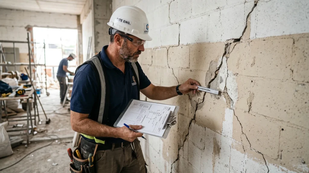Engenheiro civil realizando laudo de patologia das construções em parede fissurada