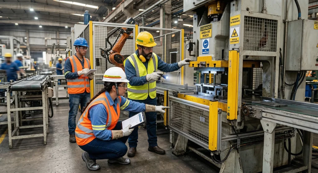 Engenheiros e técnicos aplicando normas de saúde e segurança no trabalho em um ambiente industrial