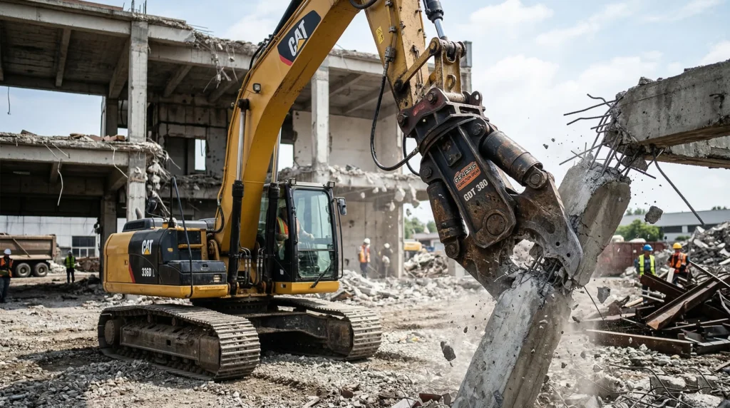 demolição mecânica de prédio com tesoura hidráulica