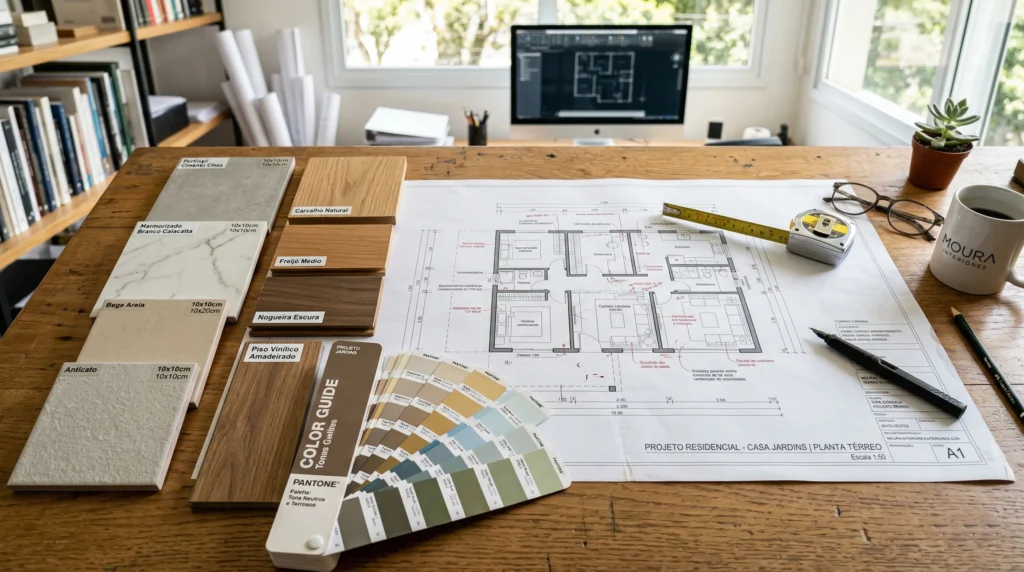 Mesa de escritório com planta baixa arquitetônica e amostras de acabamentos de interiores