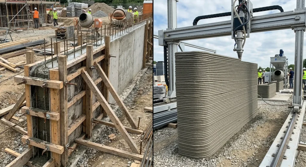 Comparativo visual mostrando uma parede de concreto tradicional com fôrmas de madeira ao lado de uma parede com ranhuras horizontais recém-impressa