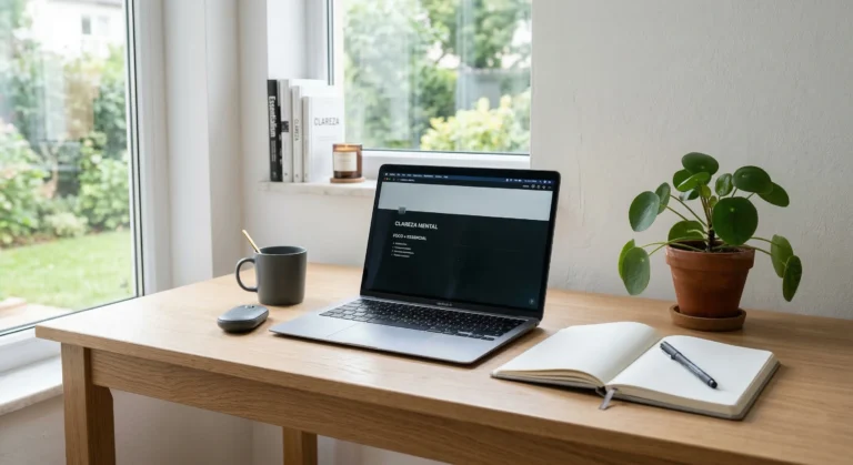 Mesa de trabalho limpa e organizada com um notebook, um caderno e uma planta, representando o minimalismo e a clareza mental