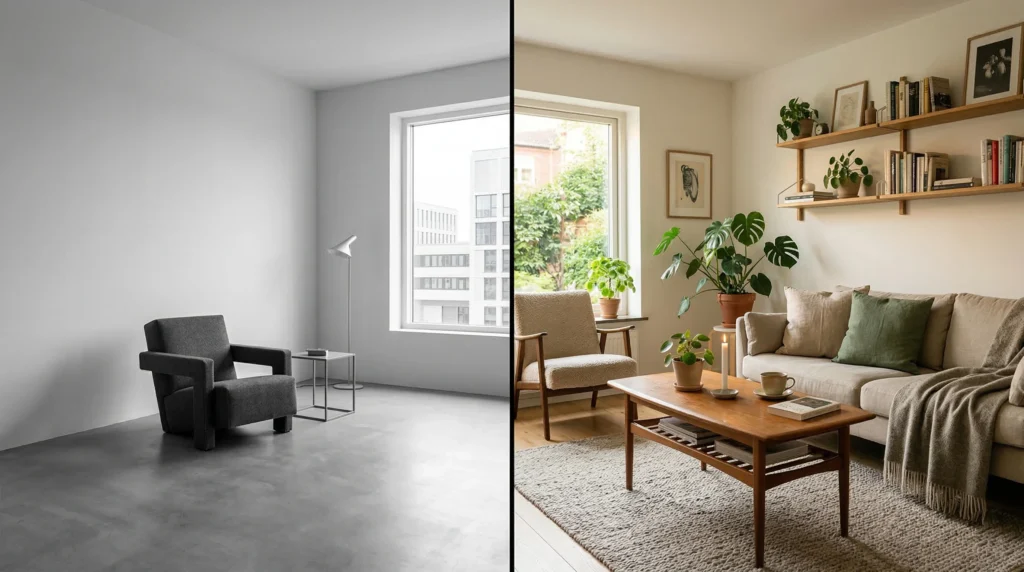 imagem dividida comparando um ambiente estéril de design minimalista com uma sala aconchegante, organizada e focada no essencial