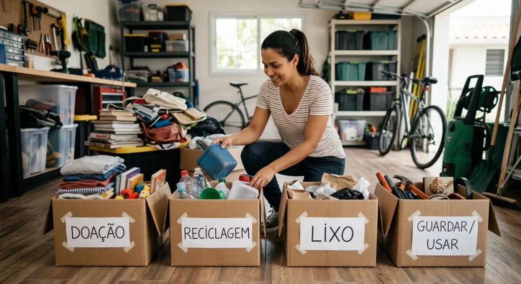 Pessoa organizando objetos em quatro caixas rotuladas para triagem de itens