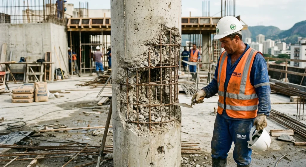 Falha de concretagem em pilar gerando nichos e exposição da armadura
