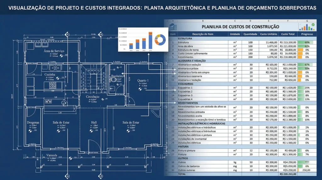 Planta arquitetônica sobreposta a uma planilha financeira mostrando os custos da construção civil