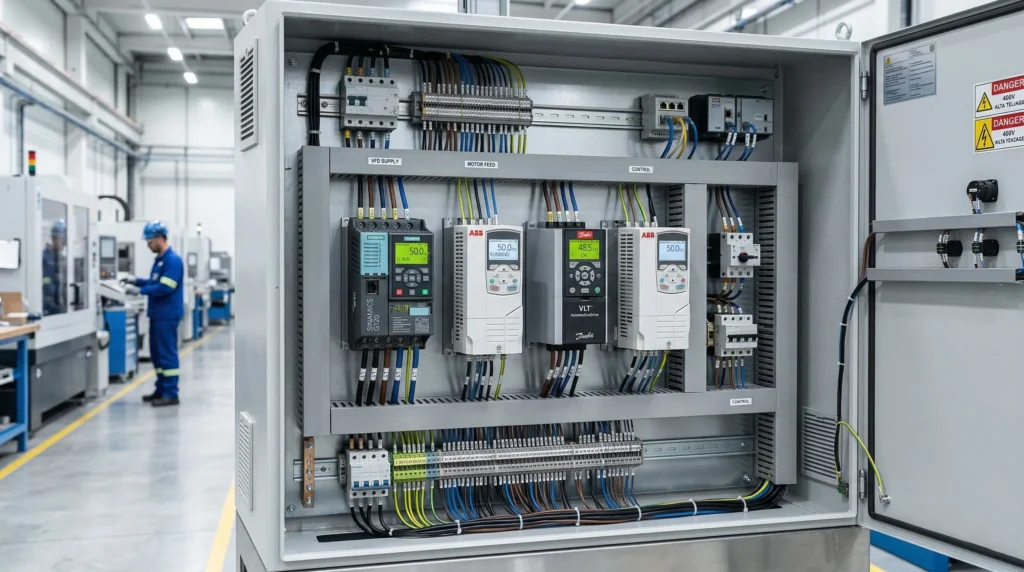 Quadro elétrico otimizado com inversores de frequência instalados durante processo de retrofit industrial