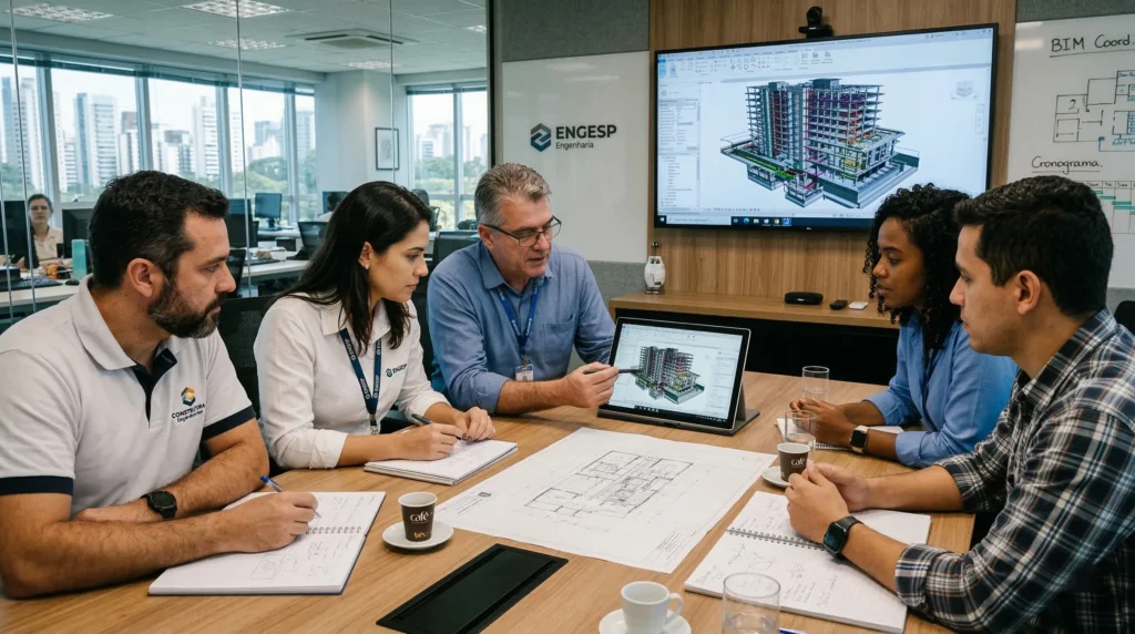 Reunião de engenheiros analisando um projeto complexo em um tablet ou computador com modelo BIM 3D
