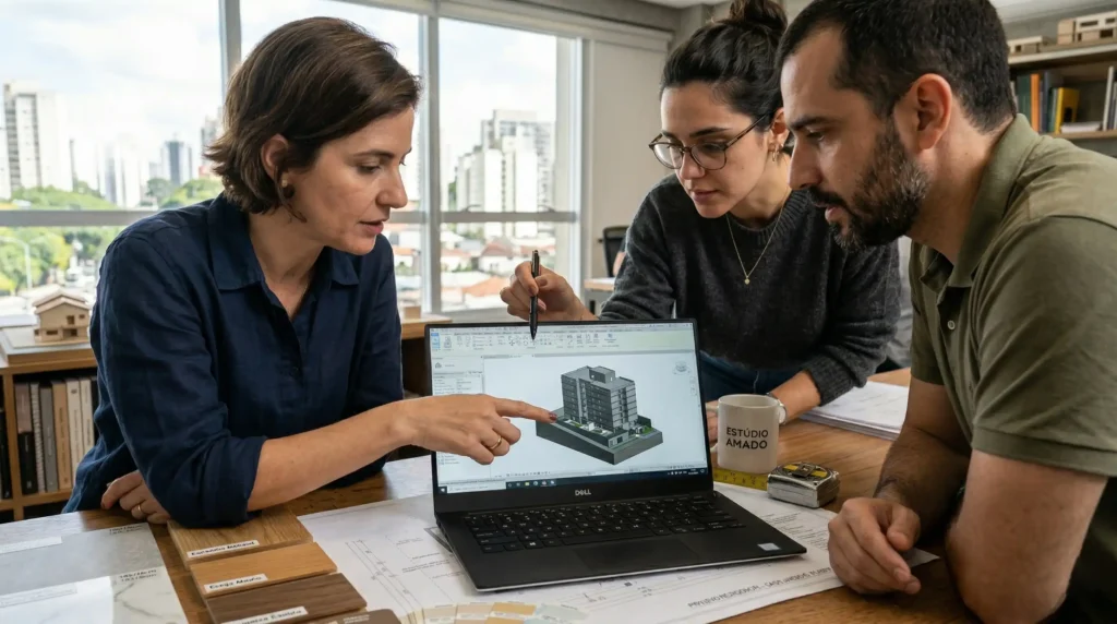 Casal de clientes em reunião de alinhamento com arquiteto visualizando projeto 3D