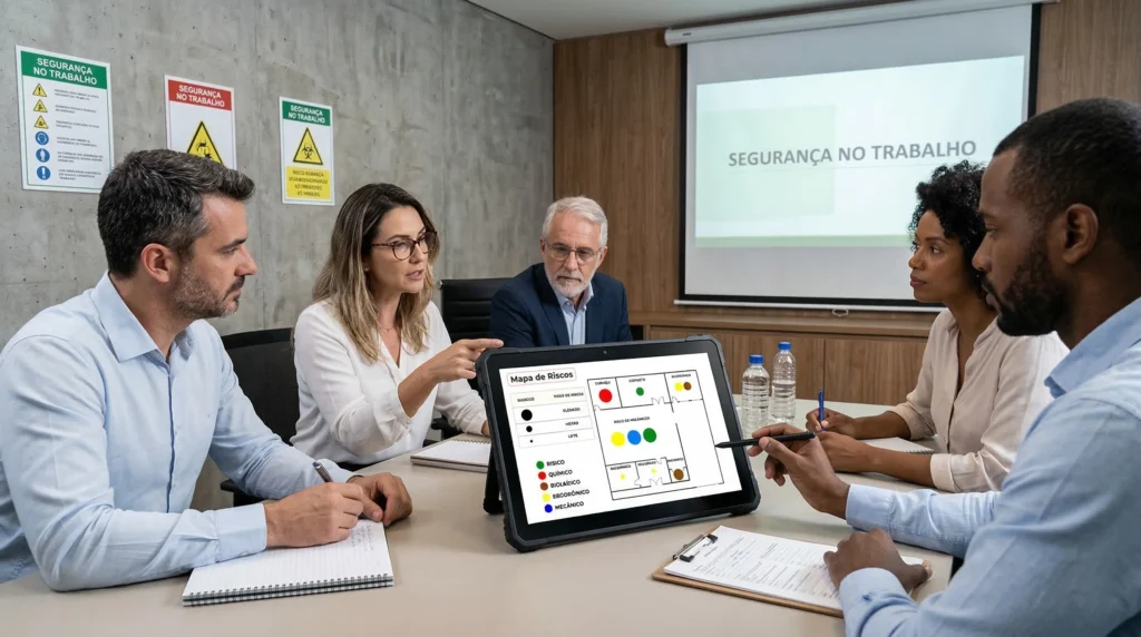 Gestores e técnicos de segurança estruturando o plano de ação de SST da empresa