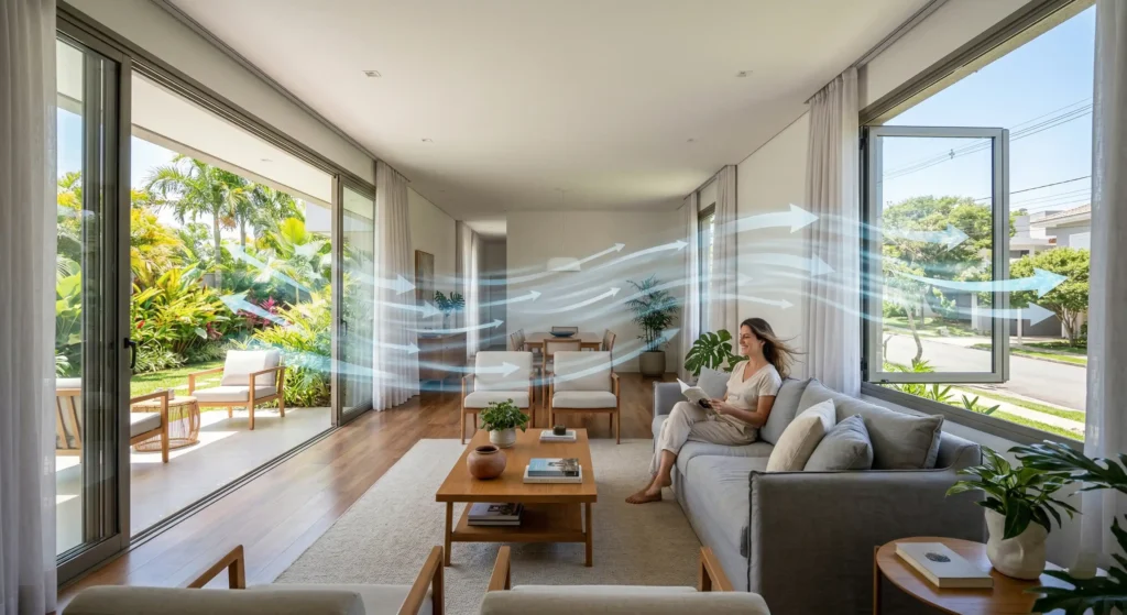 Diagrama de ventilação cruzada com setas indicando o fluxo de ar pelos diferentes tipos de aberturas