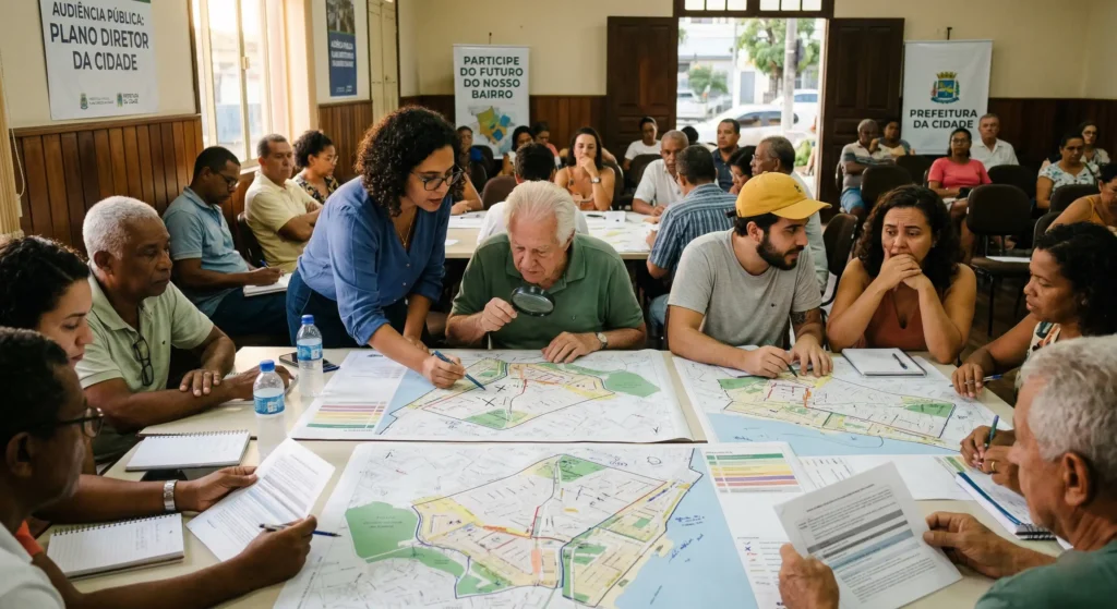 Cidadãos participando de uma audiência pública para discutir as diretrizes do plano diretor
