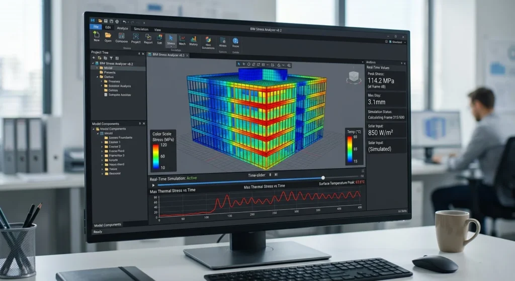 Engenheiro utilizando software Ansys Discovery com inteligência artificial para simulação estrutural