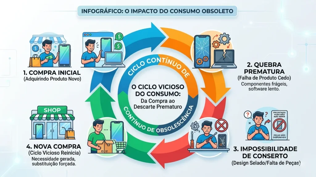 Fluxograma ilustrando o ciclo de consumo gerado pela obsolescência programada.