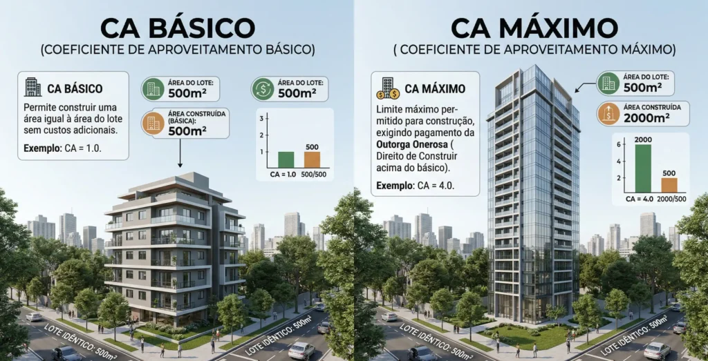 infográfico explicando de forma visual a diferença entre o coeficiente de aproveitamento básico e o máximo com prédios de tamanhos diferentes