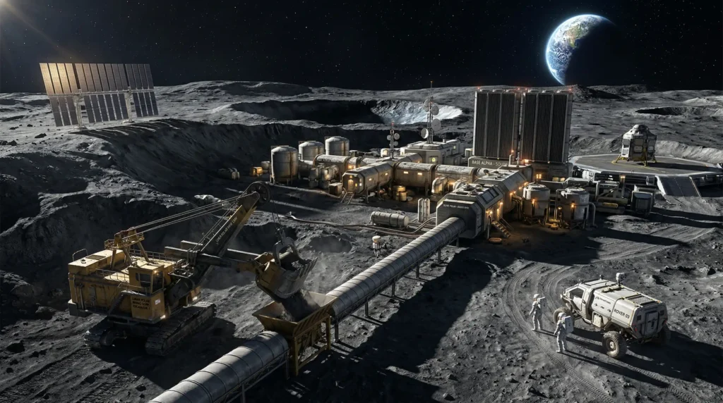 Base de mineração extraindo gelo e Hélio-3 durante a próxima ida do homem à lua