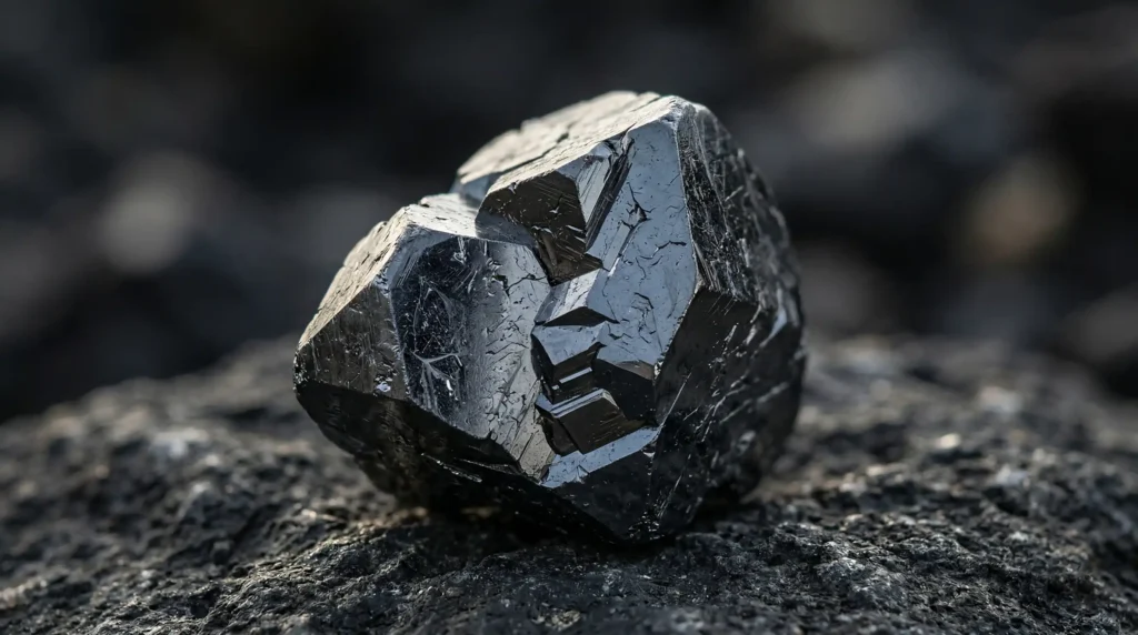 Cristal de silício puro brilhante usado na tecnologia". Legenda: "Cristal de silício de alta pureza, a matéria-prima bruta antes de ser fatiada para a criação de semicondutores.