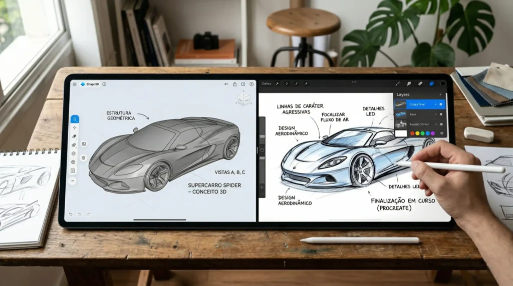 Demonstração de croqui híbrido unindo base 3D e traço manual digital