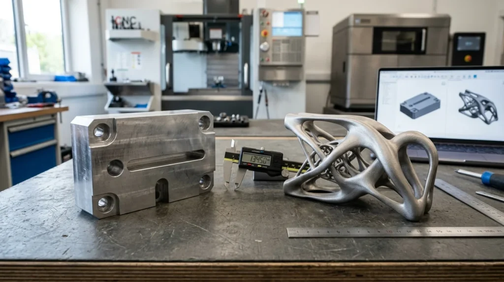 Peça mecânica otimizada com design generativo por inteligência artificial.