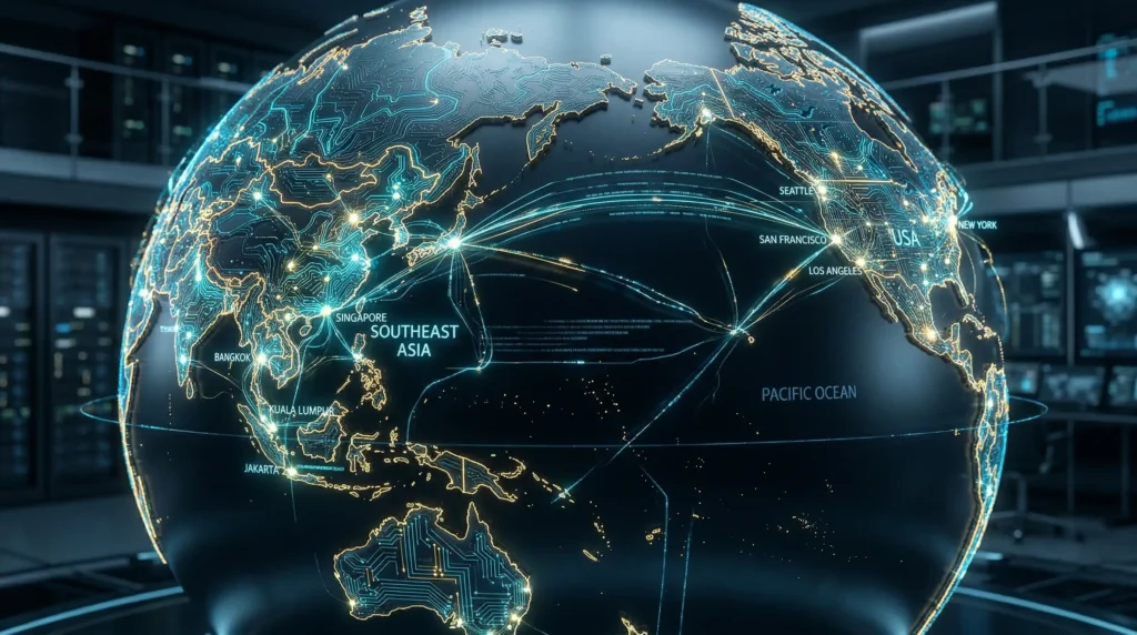 Mapa geopolítico destacando rotas da cadeia de suprimentos de semicondutores de silício