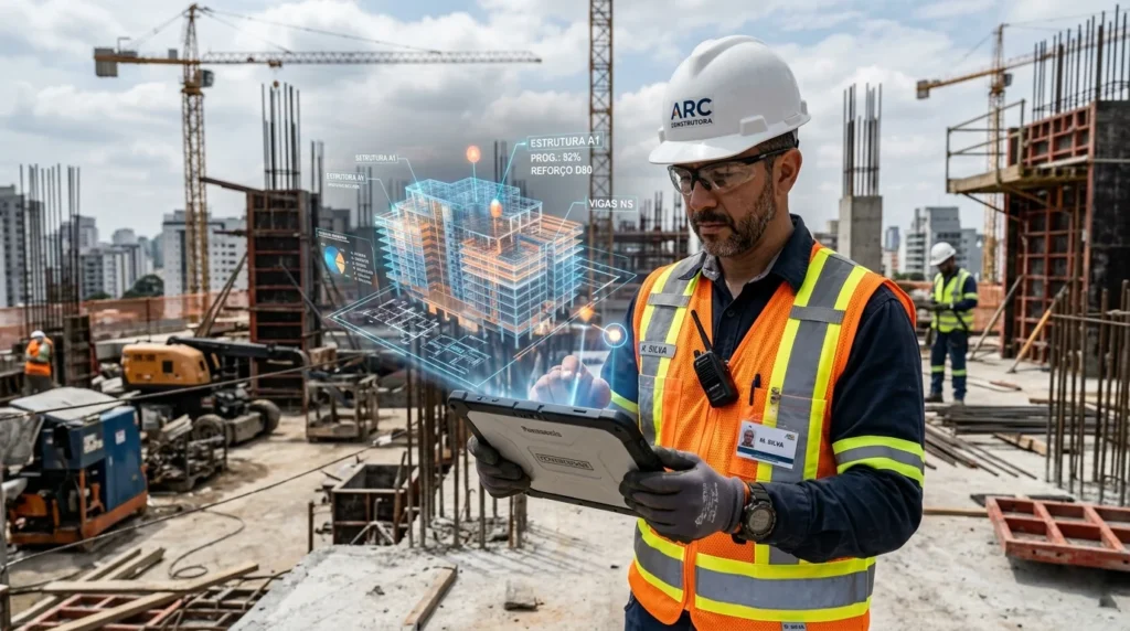 Engenheiro consultando dados de inteligência artificial em tablet no canteiro de obras