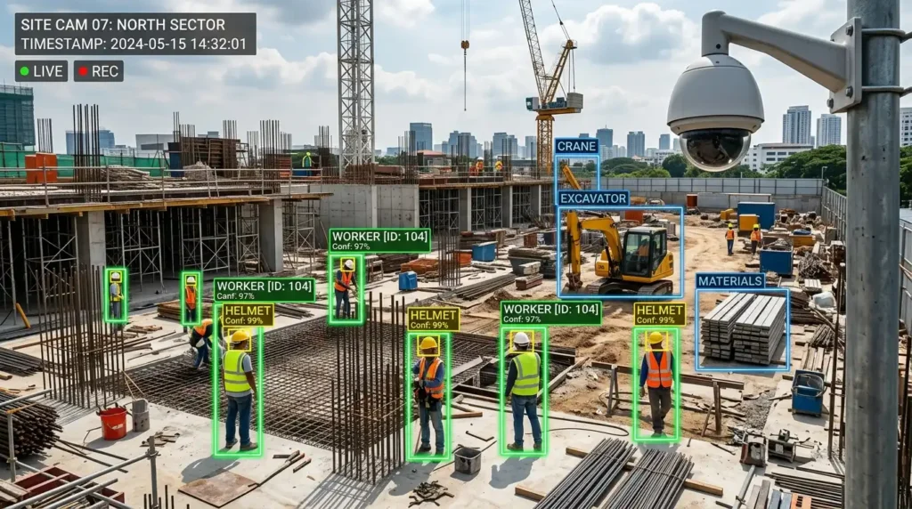 Sistema de visão computacional monitorando o uso de EPIs em canteiro de obras.
