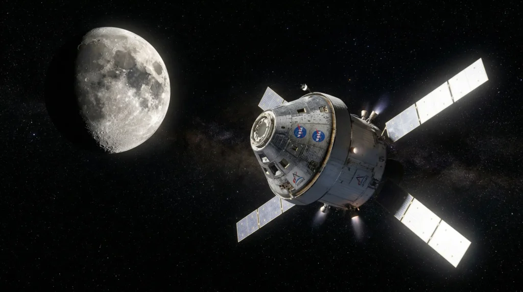Espaçonave Orion orbitando a Lua durante as fases iniciais do programa Artemis