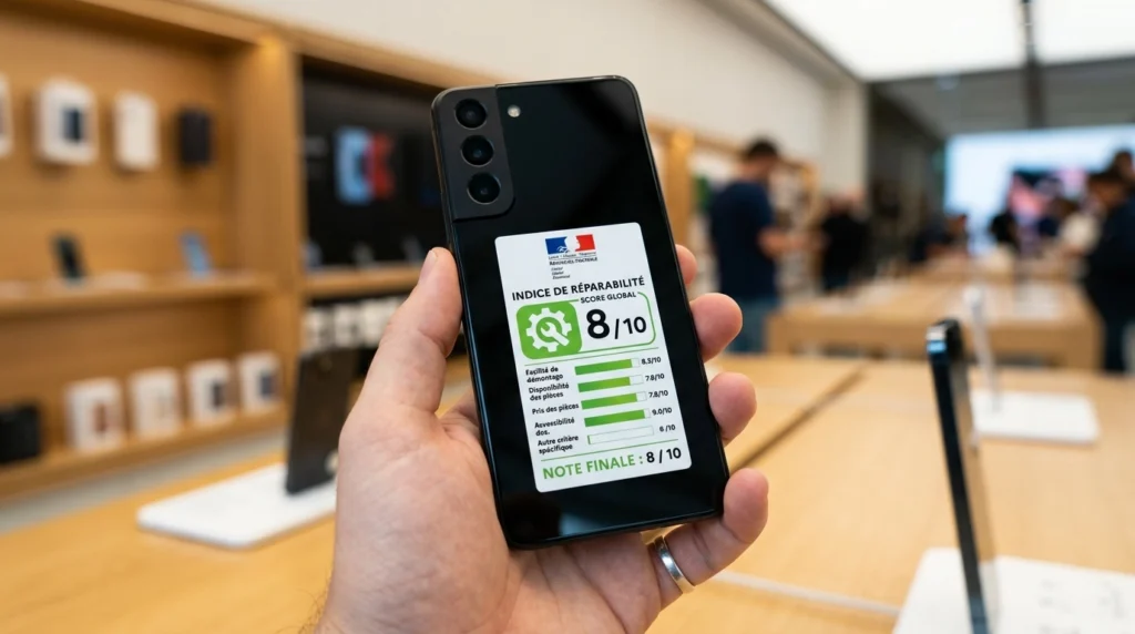 Etiqueta mostrando a nota de facilidade de conserto de um produto eletrônico