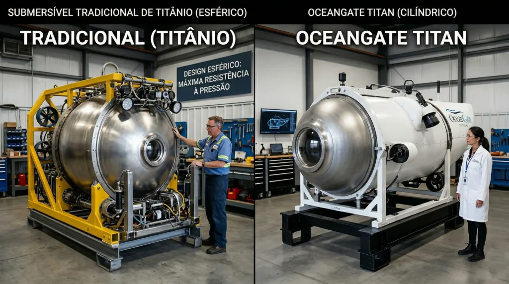 design do Titan versus um submersível esférico tradicional de titânio