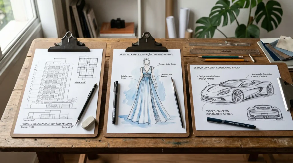 Diferentes tipos de croqui aplicados na arquitetura, moda e design de produto