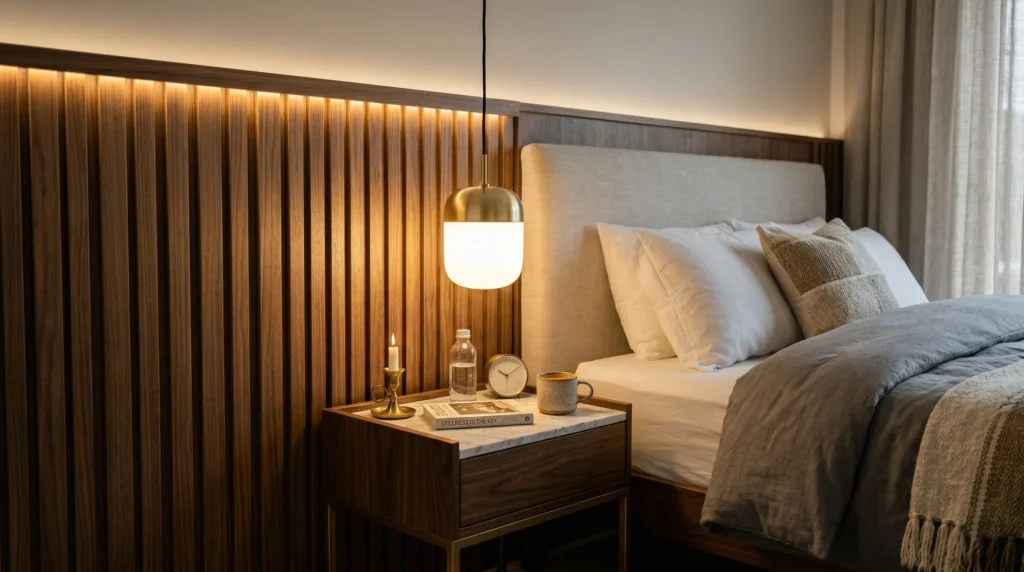 Iluminação em camadas no quarto de casal com pendente lateral e luz indireta na cabeceira de madeira