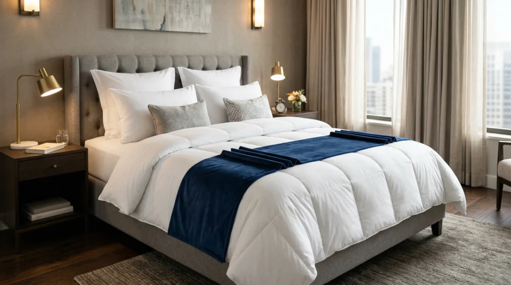 Cama de casal chique com enxoval de hotel e cabeceira estofada alongada