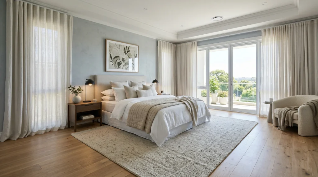 Cortinas do teto ao chão e tapete grande ancorando a cama no quarto de casal