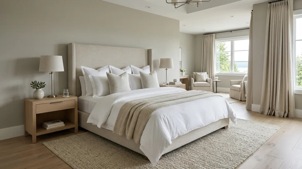 Quarto de casal chique com decoração elegante, iluminação indireta e cama estilo de hotel