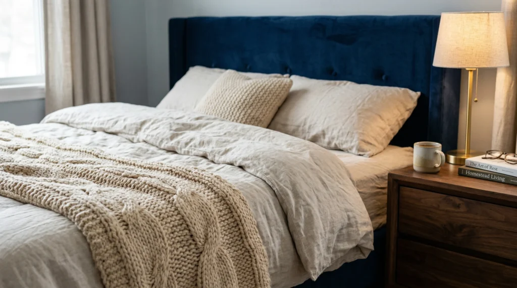 Camadas de texturas em quarto de casal combinando linho, veludo e madeira natural