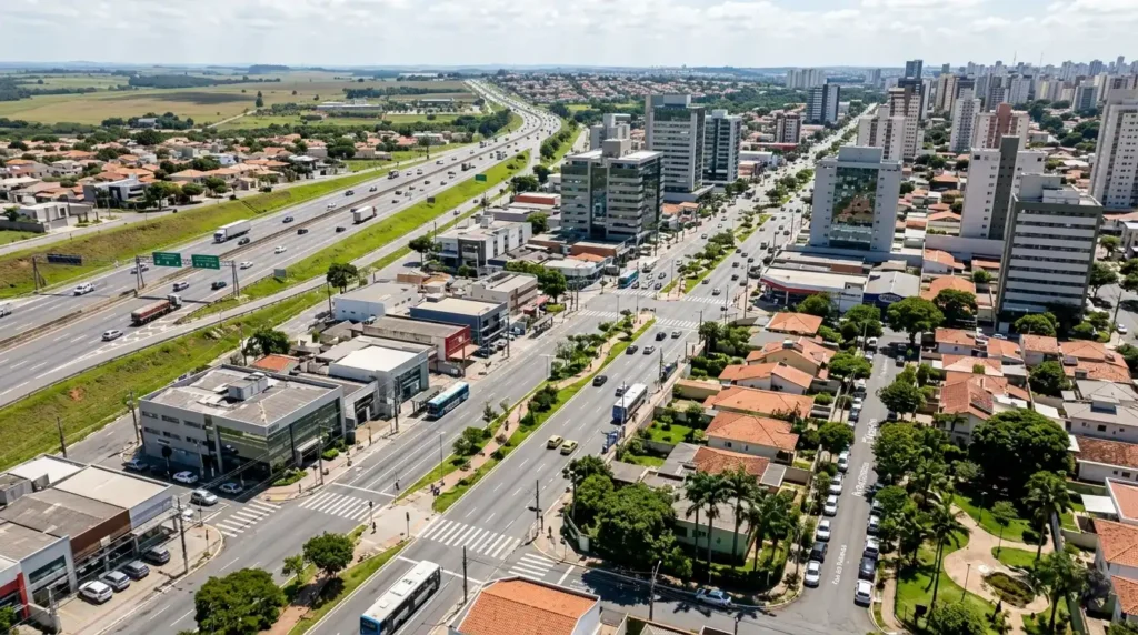 Visão aérea mostrando a diferença entre rua, avenida e estrada no planejamento urbano